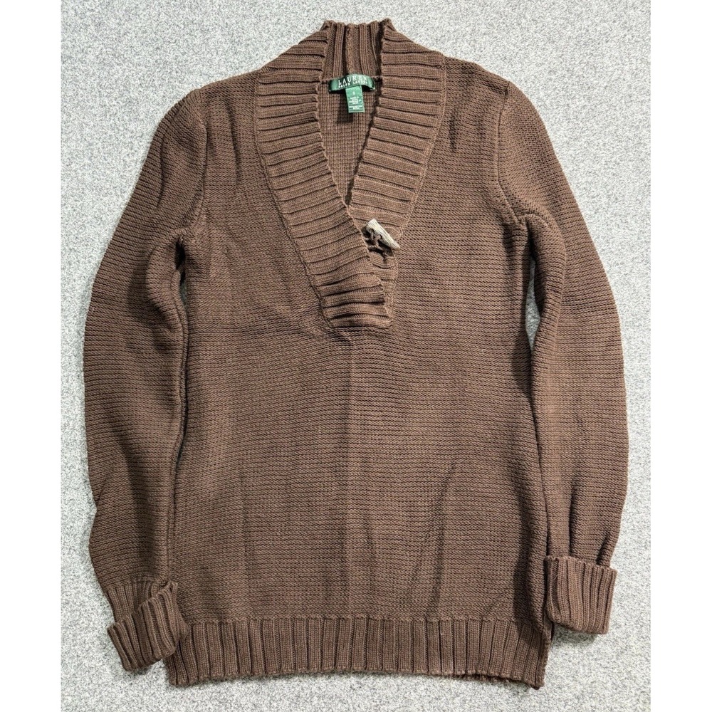 Lauren Ralph Lauren Women Sweater Small Brown Shawl Collar Horn Closure Classic